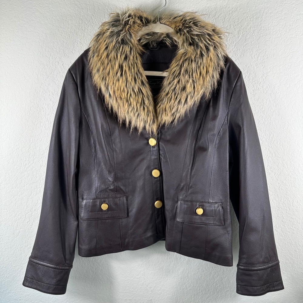 Vtg Terry Lewis Leather Jacket Womens Petite L Brown Removable Faux Fur Collar